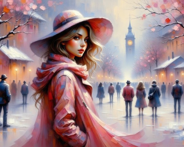 Elegant Woman in Pastel Coat on Snowy Street