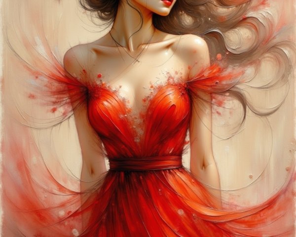 Elegant Woman in Flowing Red Dress with Floral Accents