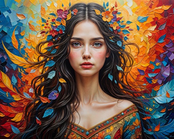 Young Woman Surrounded by Flowers in Colorful Setting