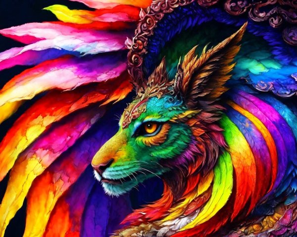 Vibrant Creature with Lion Face and Colorful Feathers