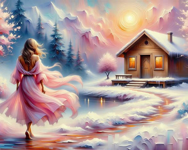 Woman in Pink Dress Walking on Snowy Pathway