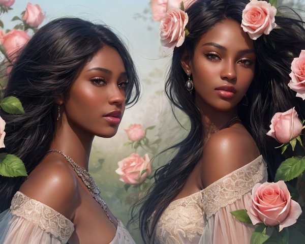 Two Women in Lace Outfits Among Blooming Roses