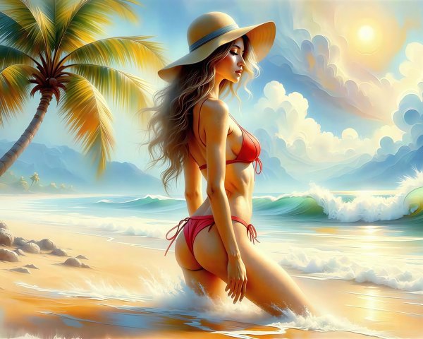 Young woman in red bikini wading in clear ocean water