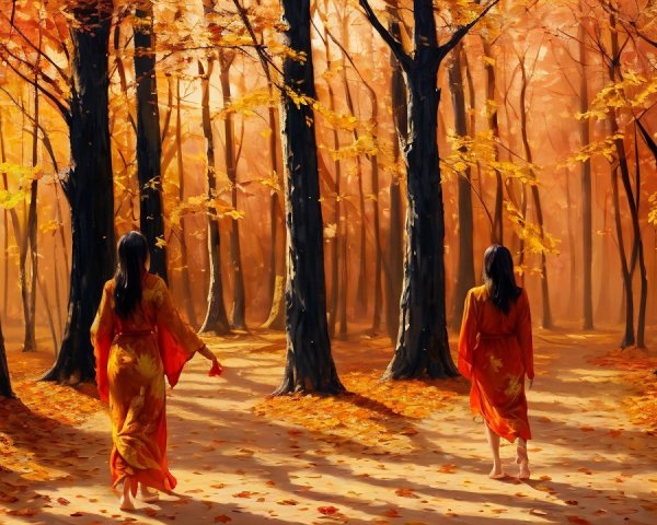 Autumn Forest Path with Figures in Orange Robes