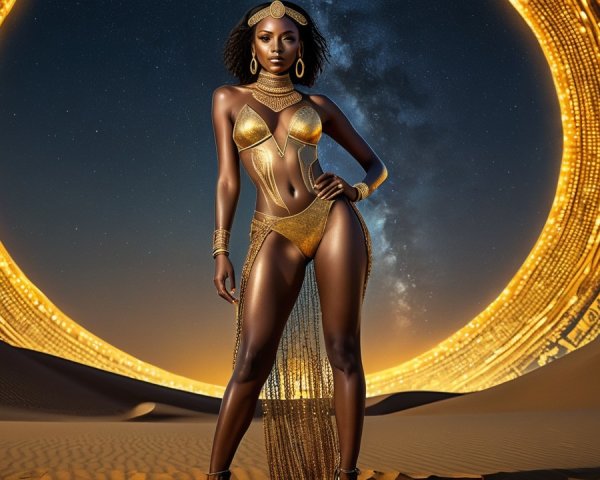 Elegant Figure in Gold Attire Against Mystical Portal