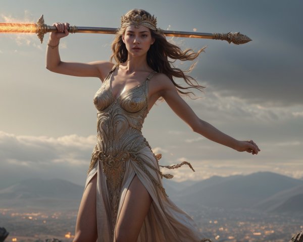Fierce Warrior with Flaming Sword on Rocky Terrain