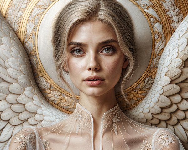 Young Woman with Angelic Wings and Golden Patterns