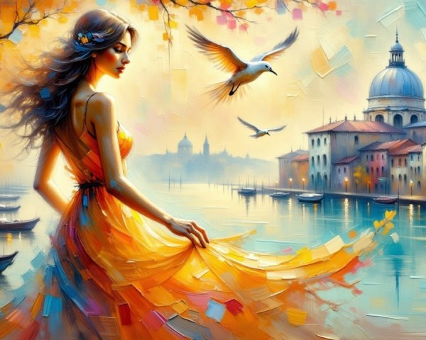 Woman in Orange Dress by Canal with Cityscape