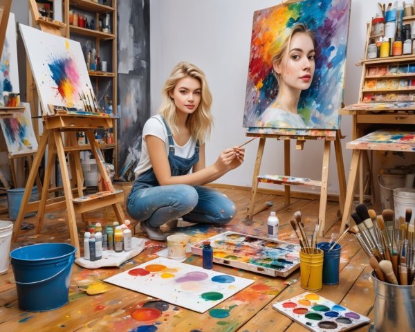 Young artist in vibrant studio creating a portrait