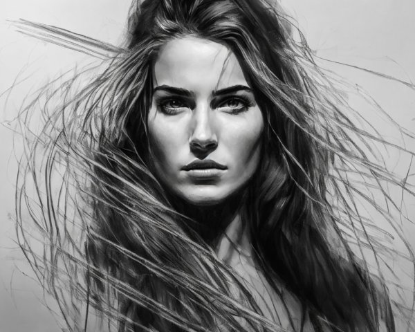 Black and white portrait of a woman with flowing hair