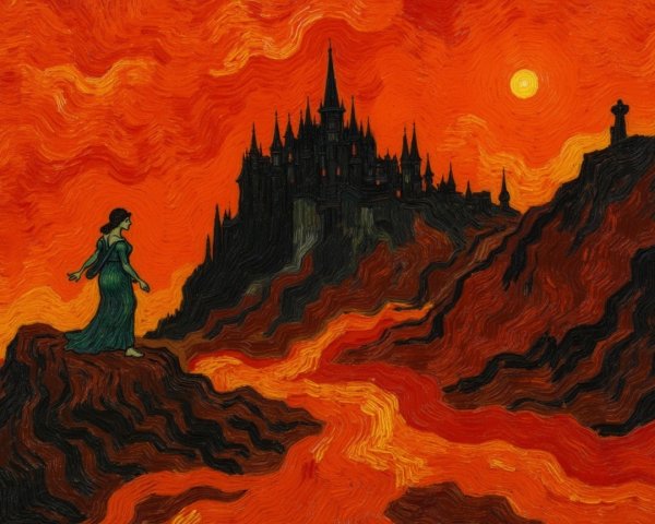 Mysterious Figure at Castle Under Fiery Orange Sky