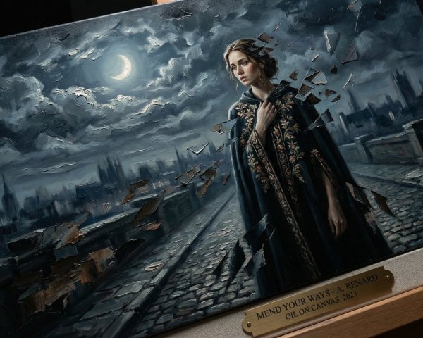 Oil Painting of a Melancholic Woman in Cloak