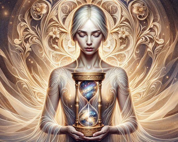 Ethereal Figure with Ornate Hourglass and Galaxies