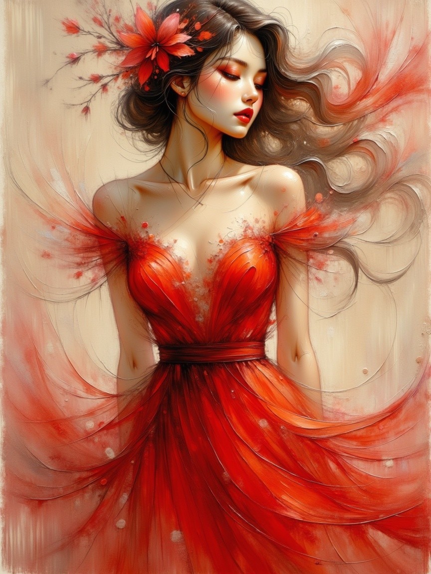 Elegant Woman in Flowing Red Dress with Floral Accents