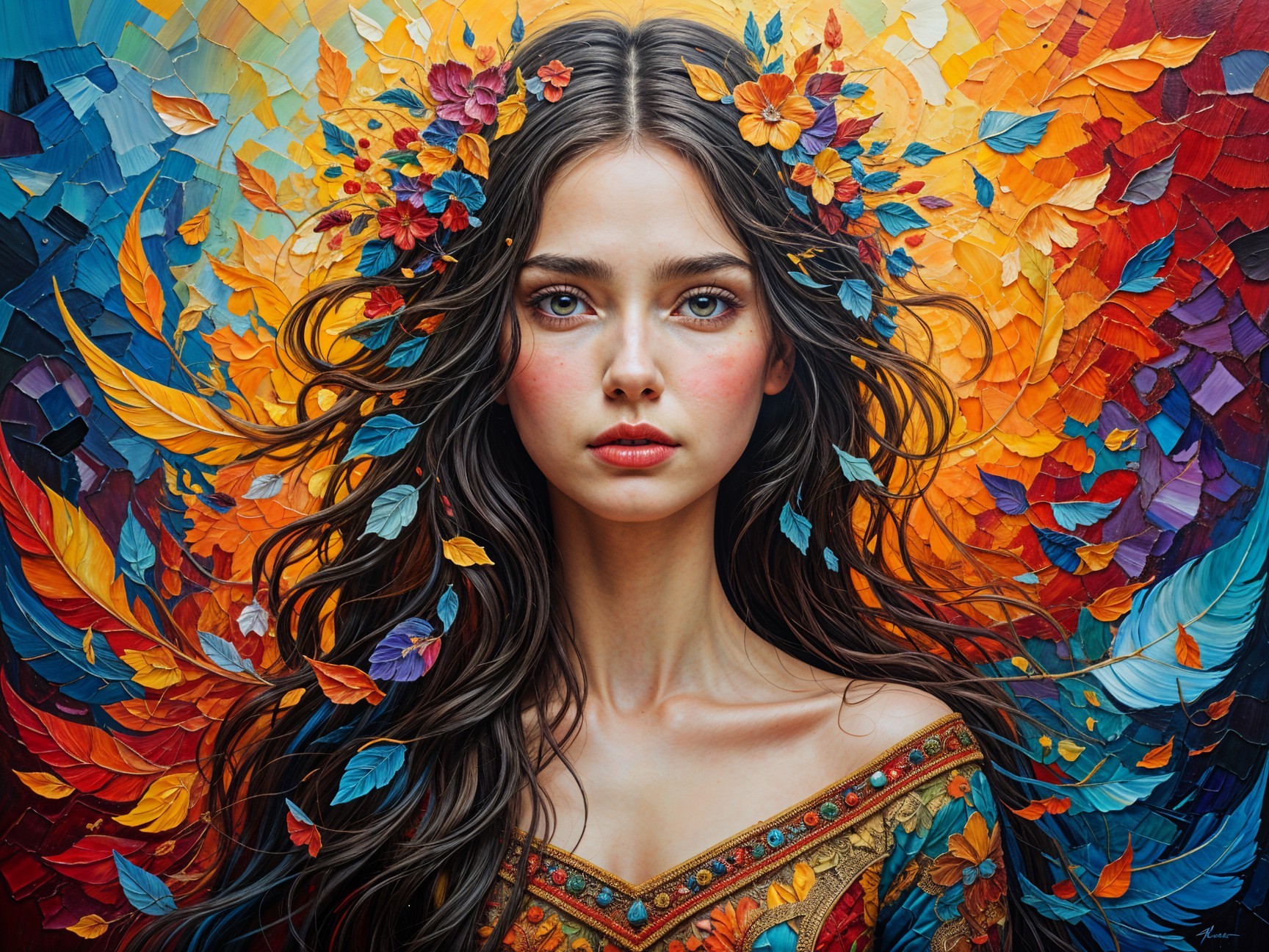 Young Woman Surrounded by Flowers in Colorful Setting