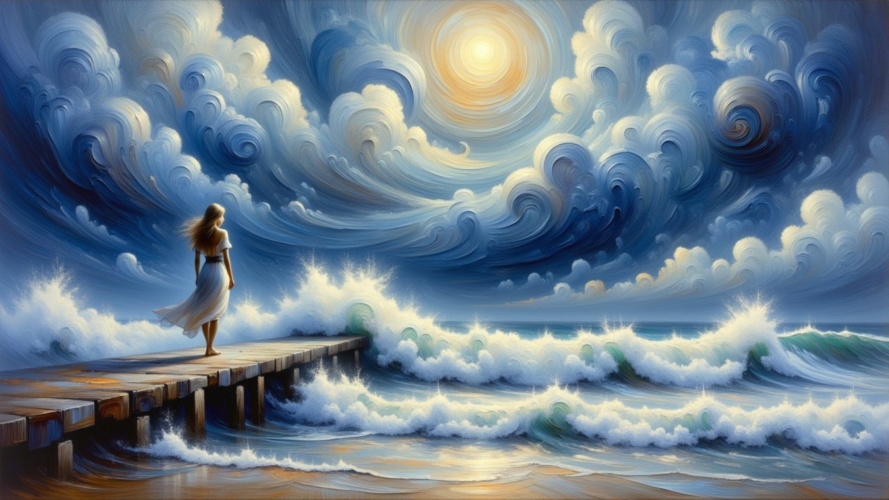 Impasto Painting of Woman on Pier Facing Ocean Waves