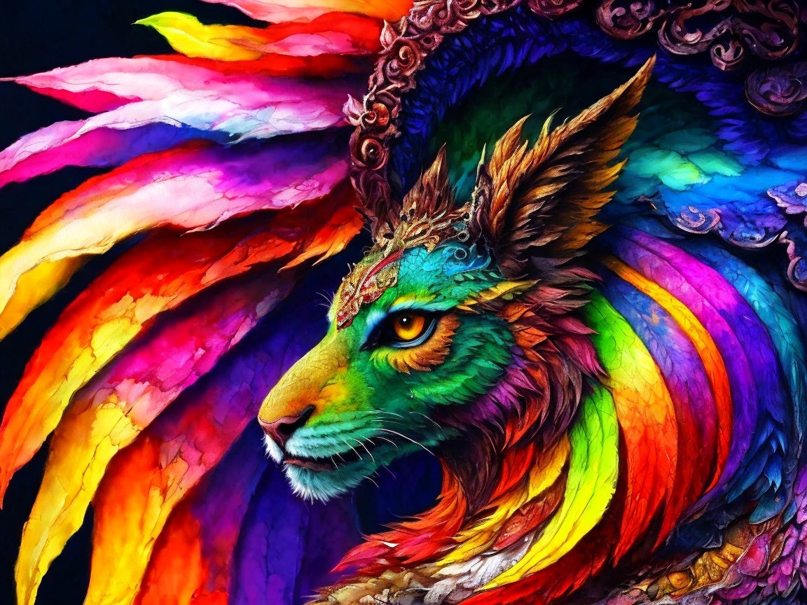 Vibrant Creature with Lion Face and Colorful Feathers