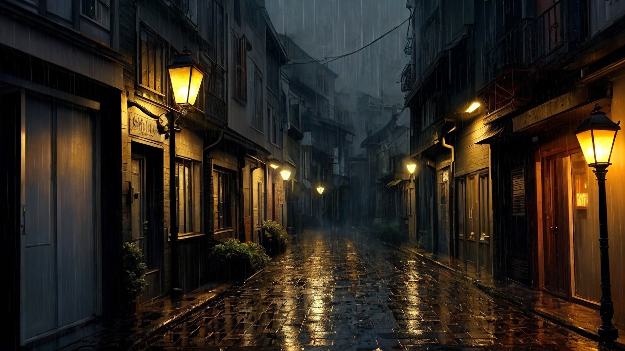Rainy Alleyway with Vintage Street Lamps and Cobblestones