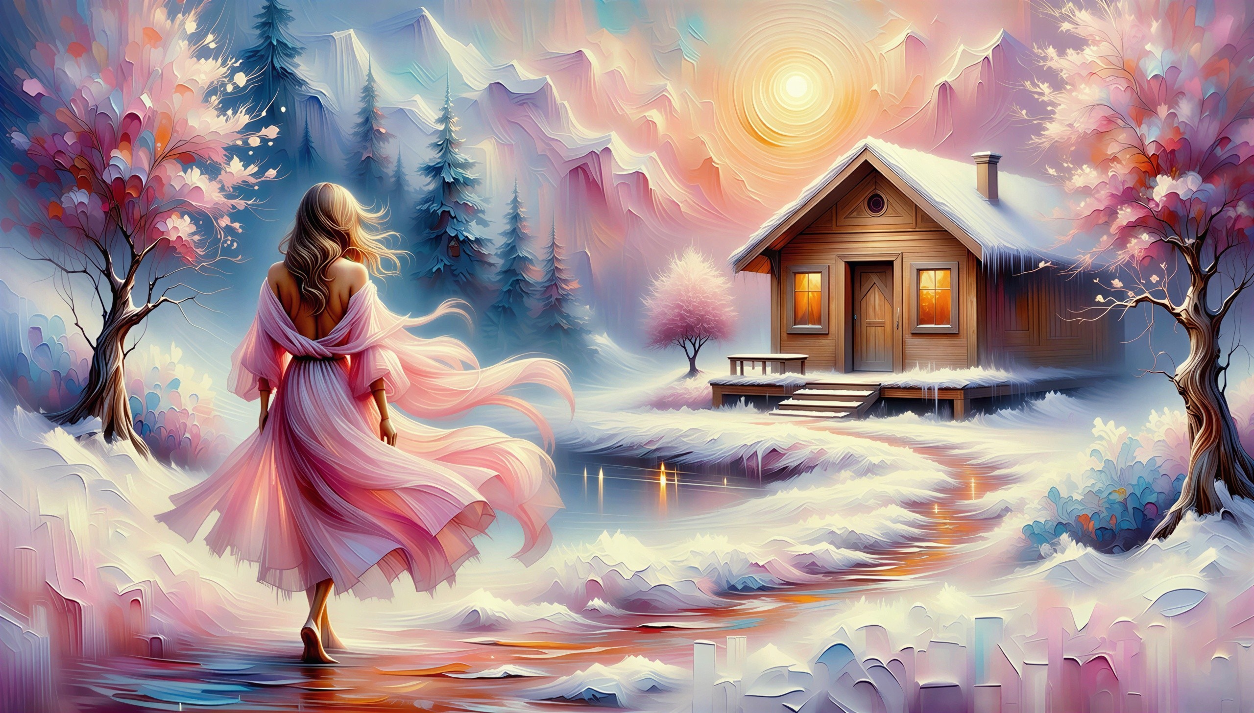 Woman in Pink Dress Walking on Snowy Pathway