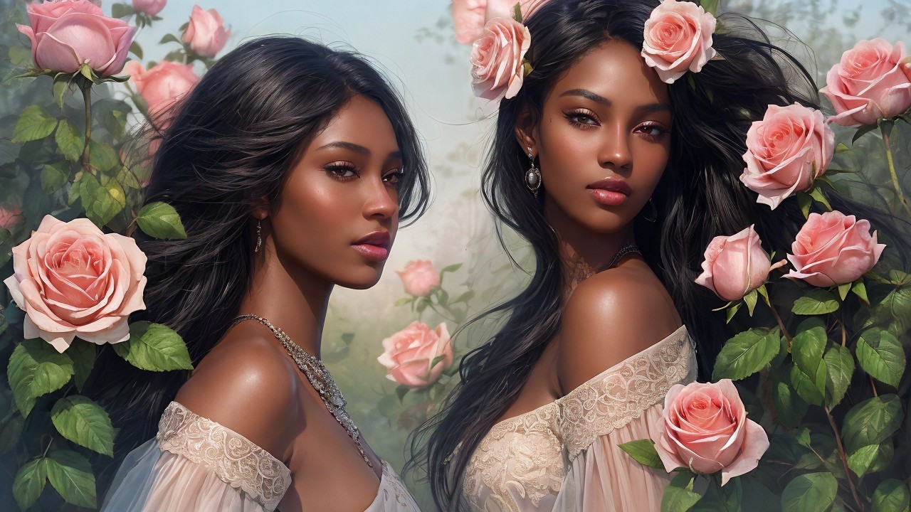 Two Women in Lace Outfits Among Blooming Roses