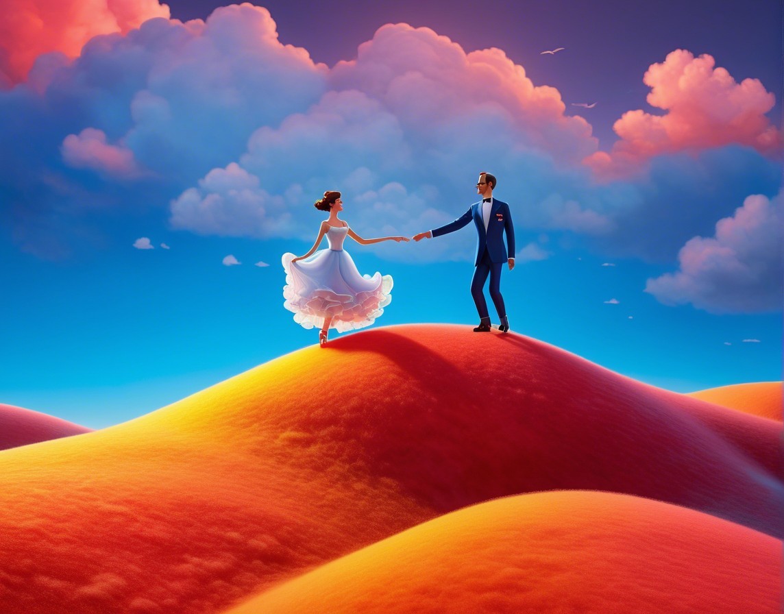 Whimsical Animated Scene of a Romantic Couple on Hills