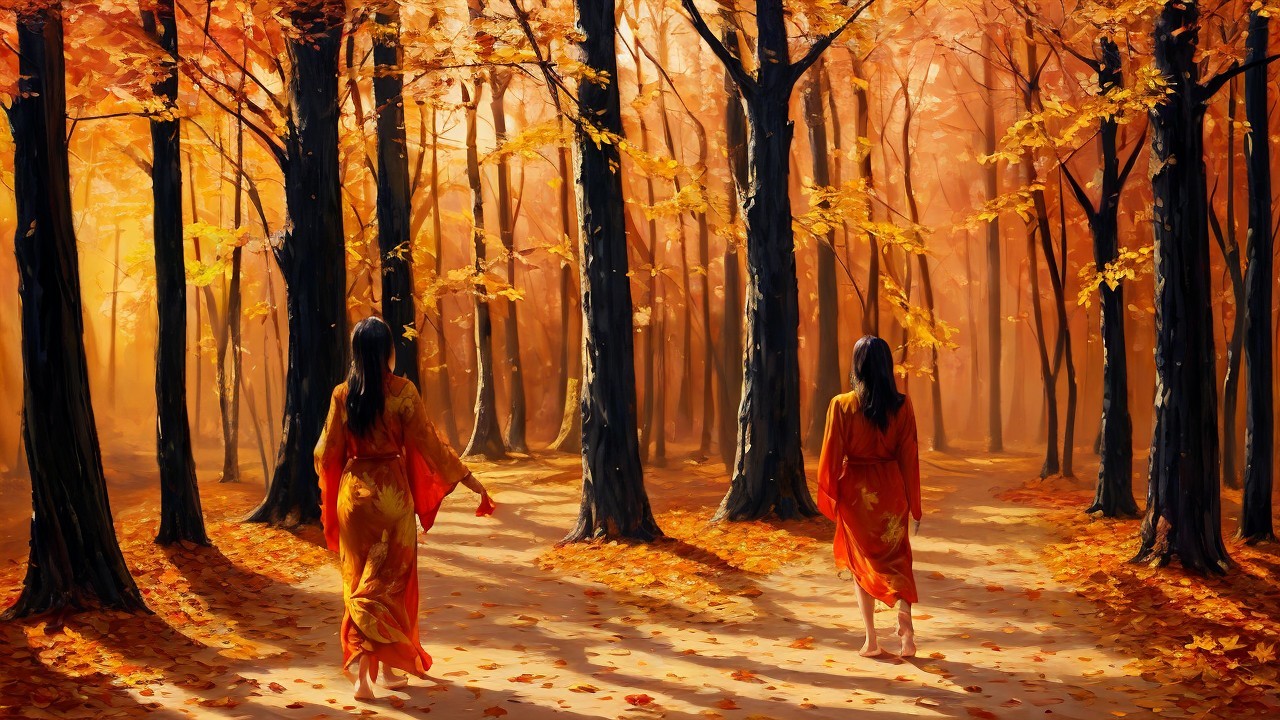 Autumn Forest Path with Figures in Orange Robes