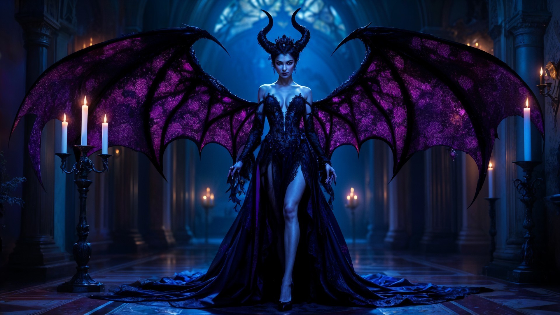 Woman with Horns and Bat Wings in Dark Castle