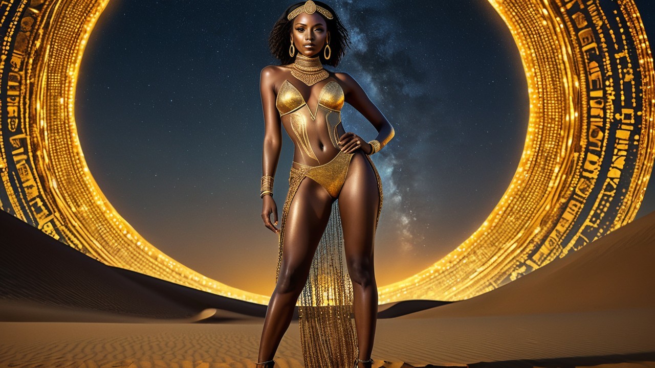 Elegant Figure in Gold Attire Against Mystical Portal