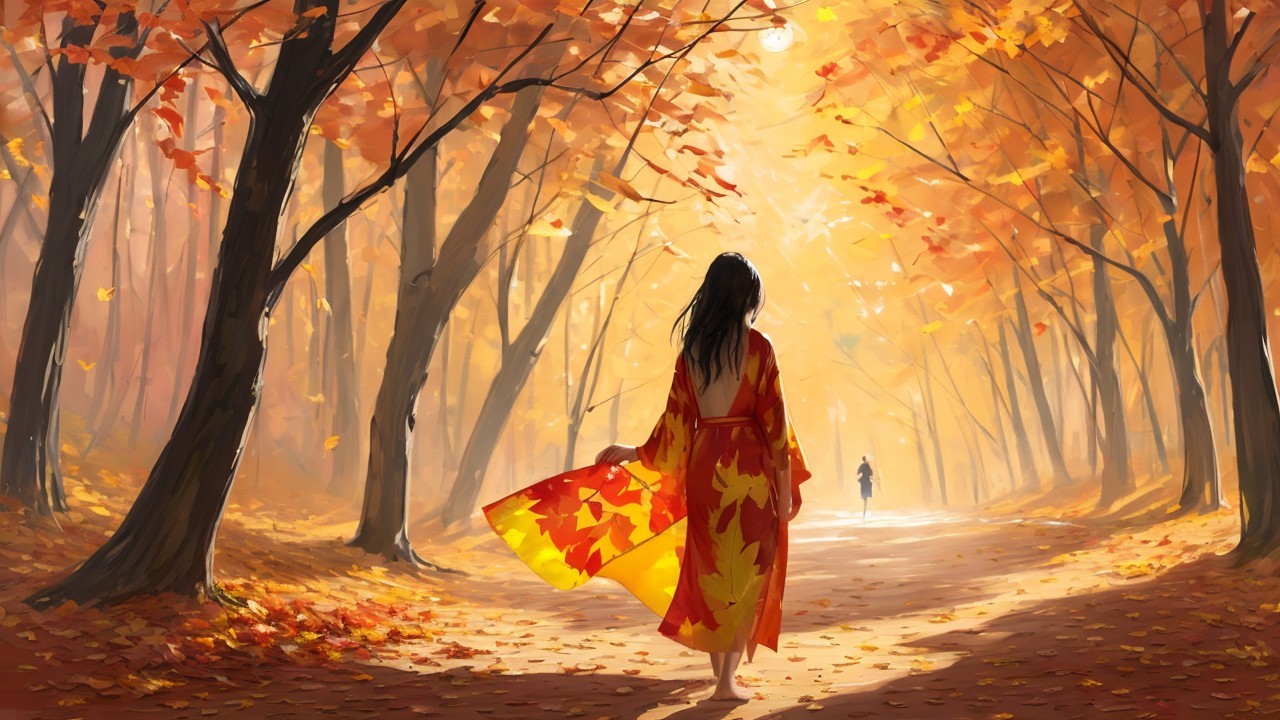 Woman in Red Kimono Walking Through Autumn Forest