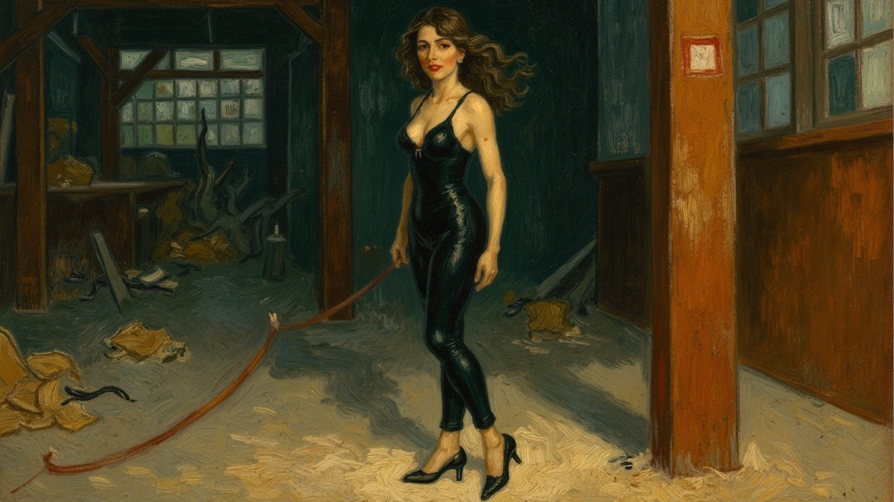 Confident Woman in Rustic Setting with Red Leash