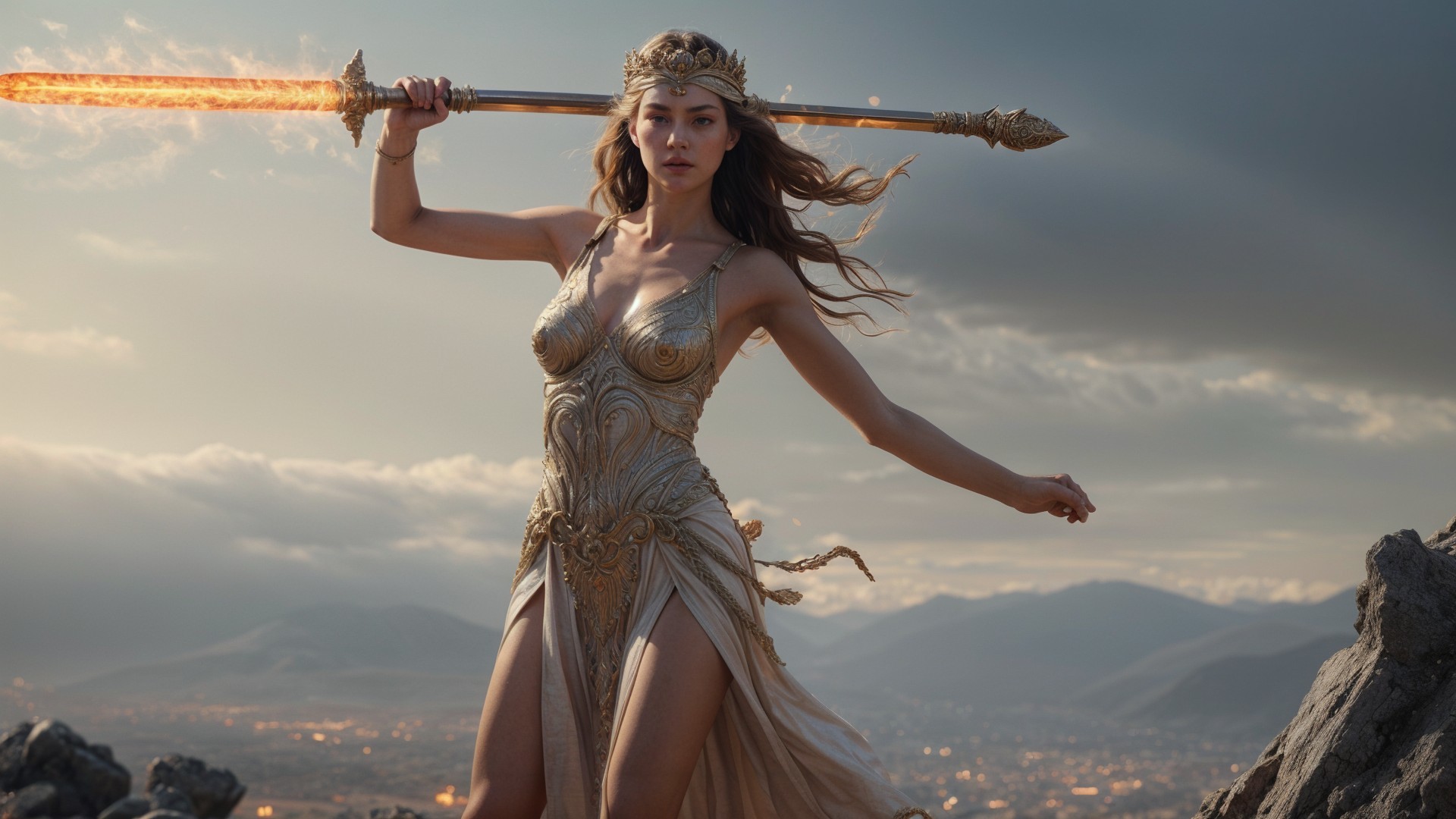 Fierce Warrior with Flaming Sword on Rocky Terrain