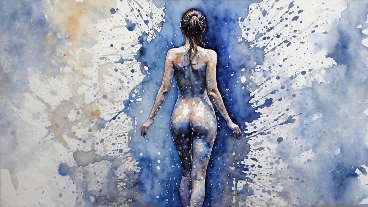 Watercolor Painting of a Woman with Blue Background