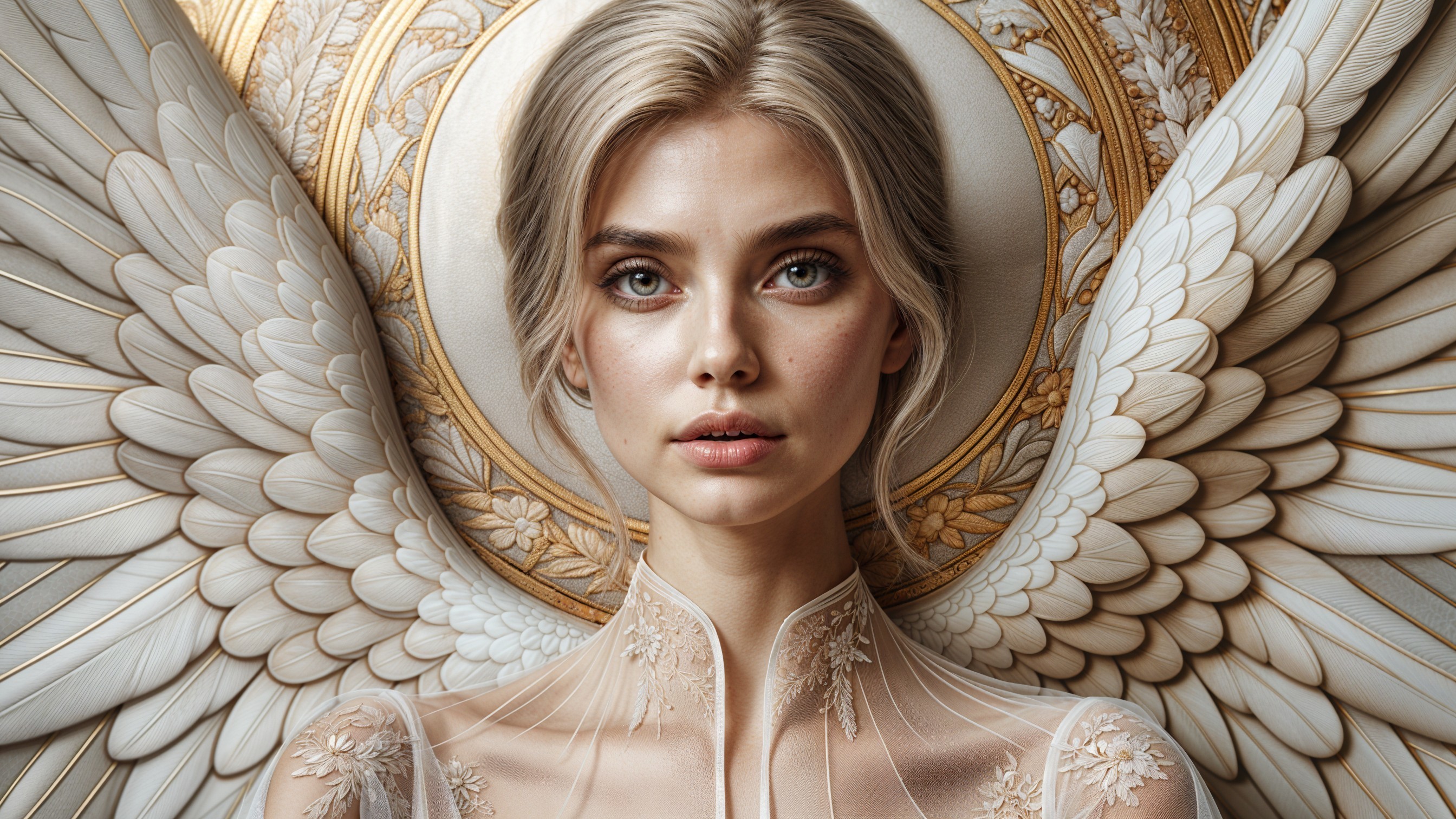 Young Woman with Angelic Wings and Golden Patterns