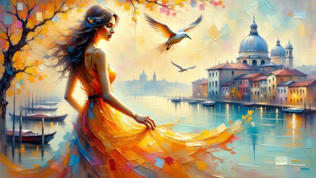 Woman in Orange Dress by Canal with Cityscape