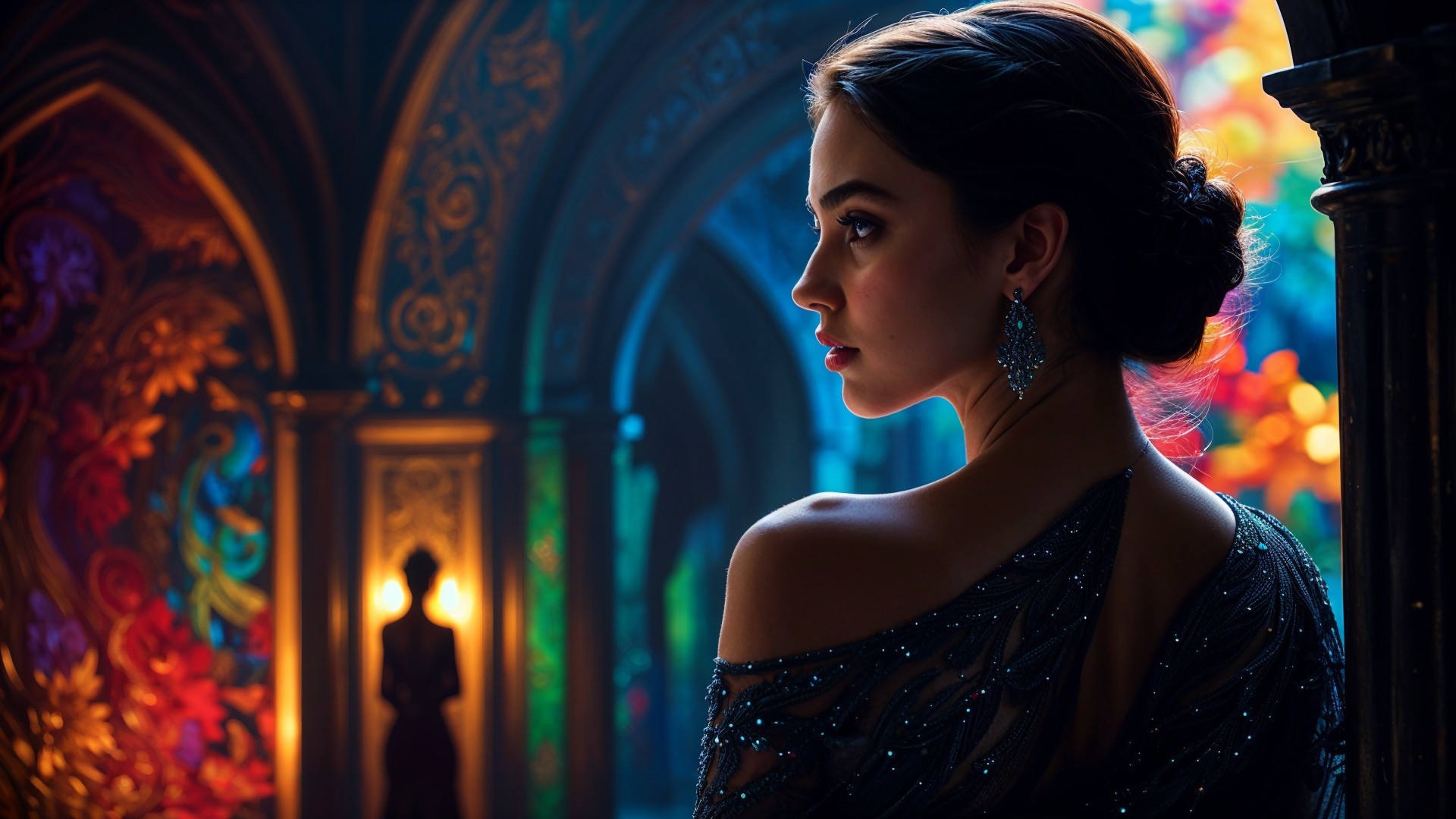 Elegant Woman in Softly Lit Decorative Setting