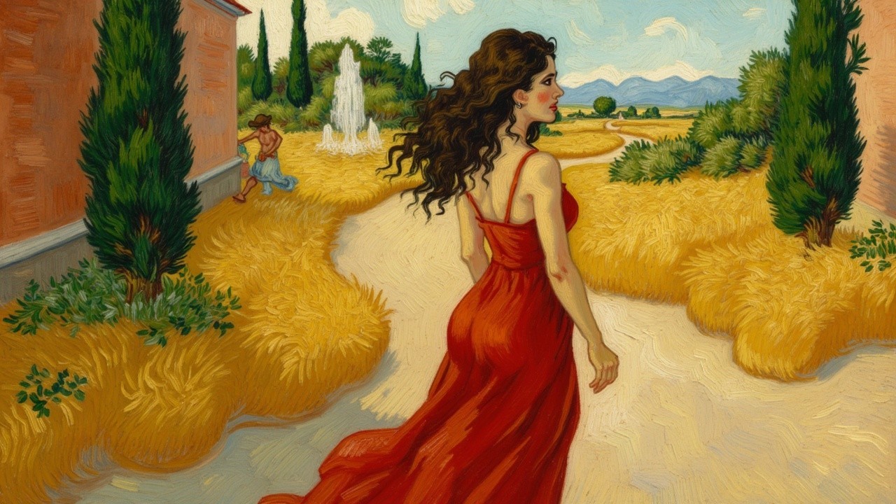 Classical Illustration of Woman in Red Dress on Path
