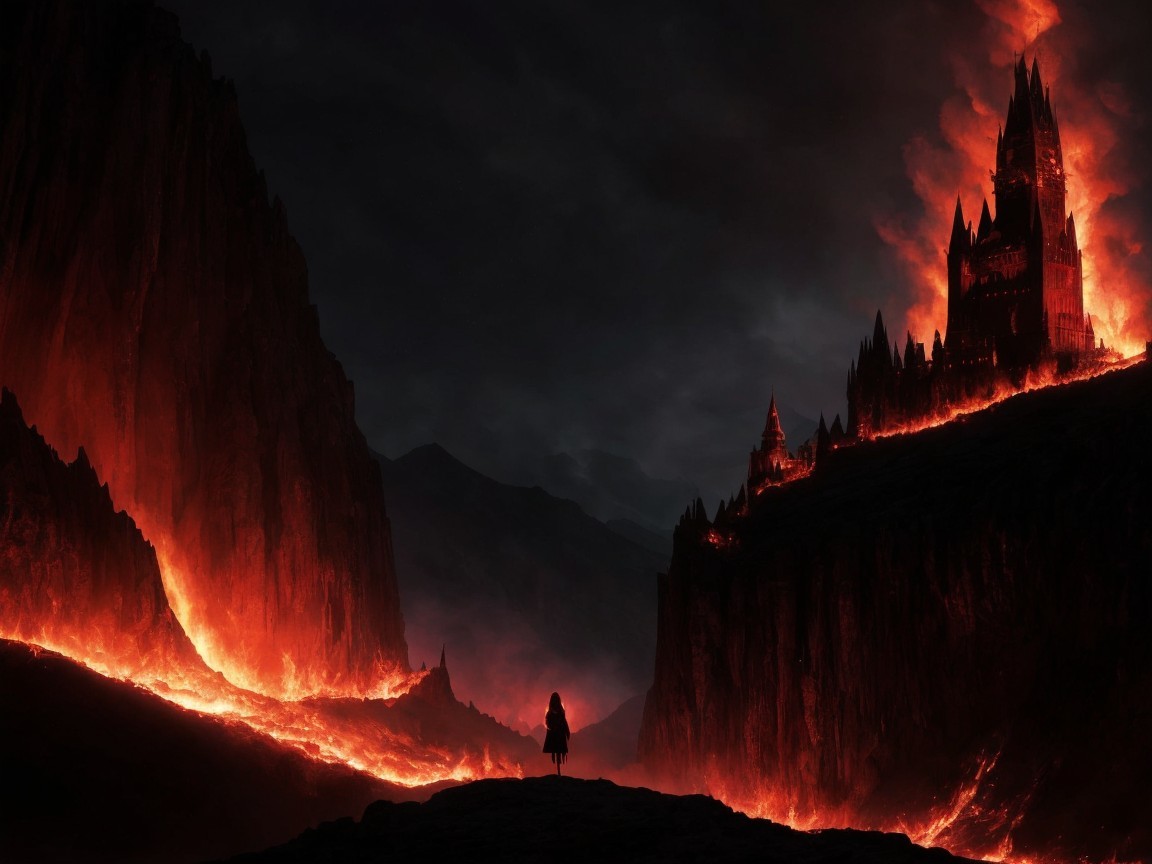 Solitary Figure at Lava Chasm with Ominous Castle