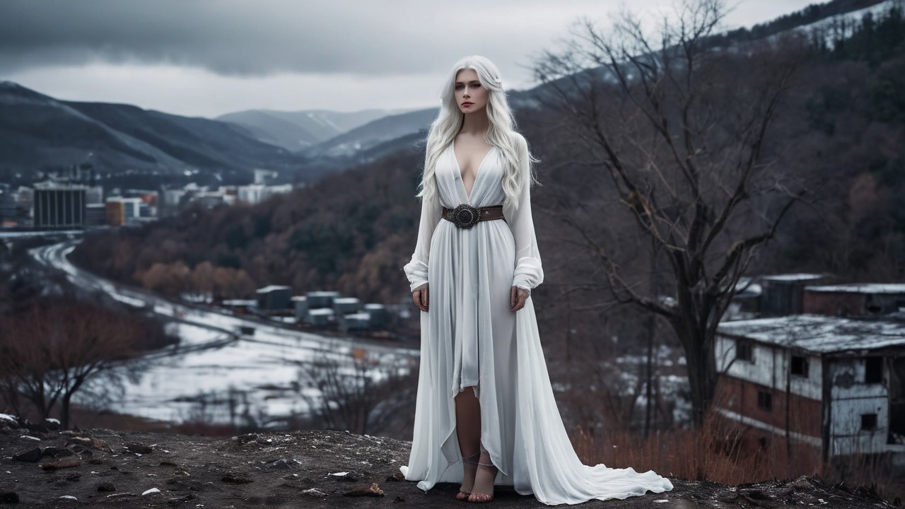 Woman in White Gown Against Dramatic Mountain Landscape