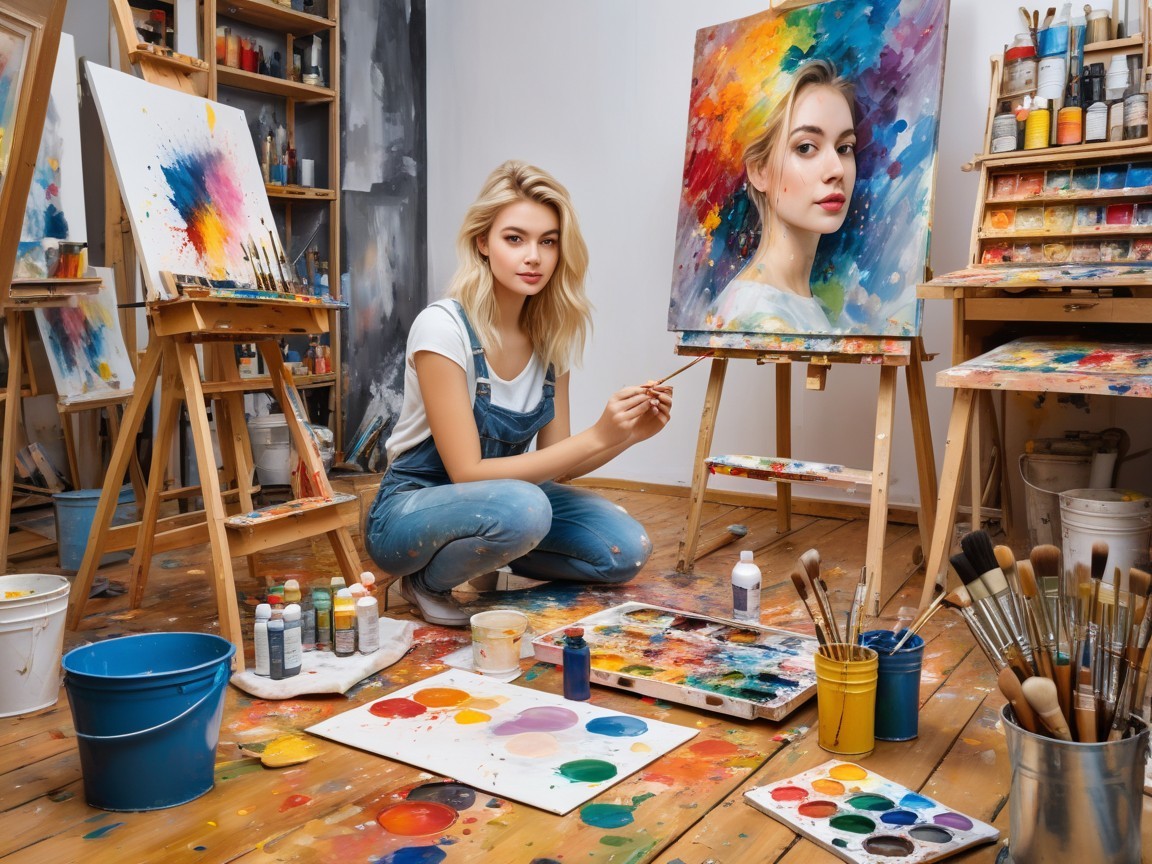 Young artist in vibrant studio creating a portrait