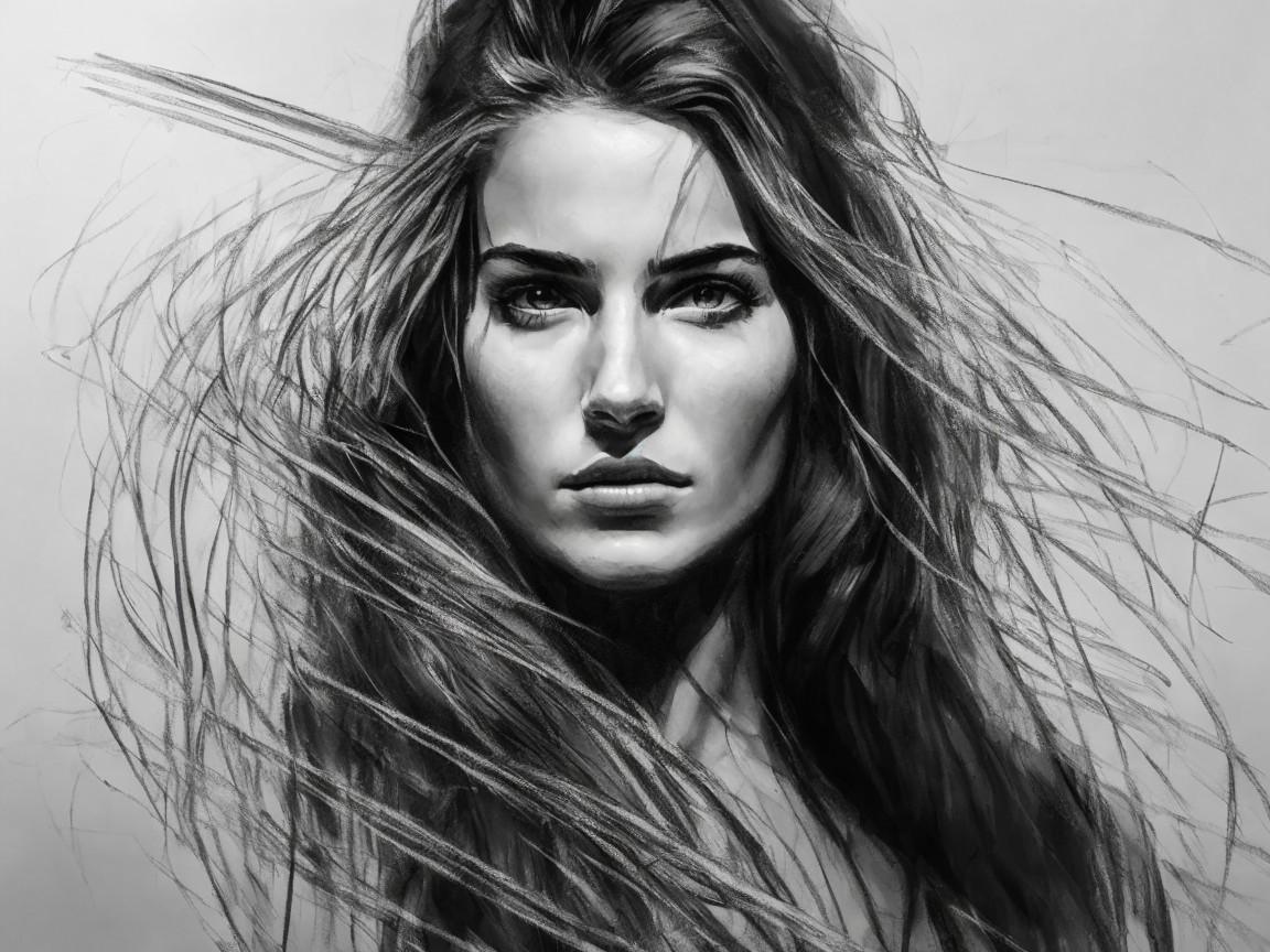 Black and white portrait of a woman with flowing hair