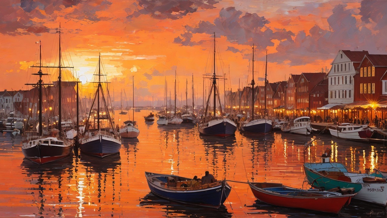 Impressionistic Painting of a Sunset Harbor Scene