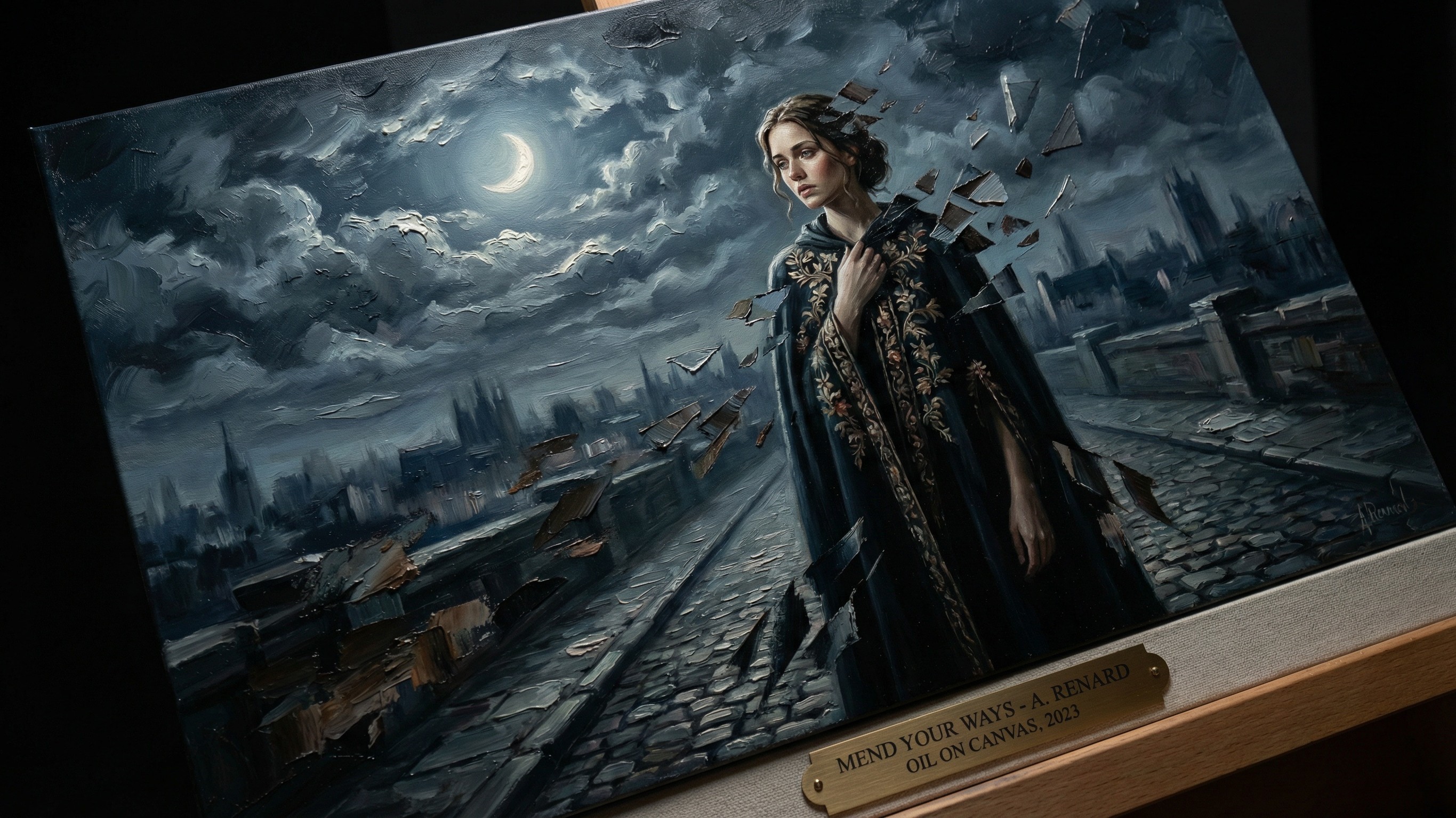 Oil Painting of a Melancholic Woman in Cloak