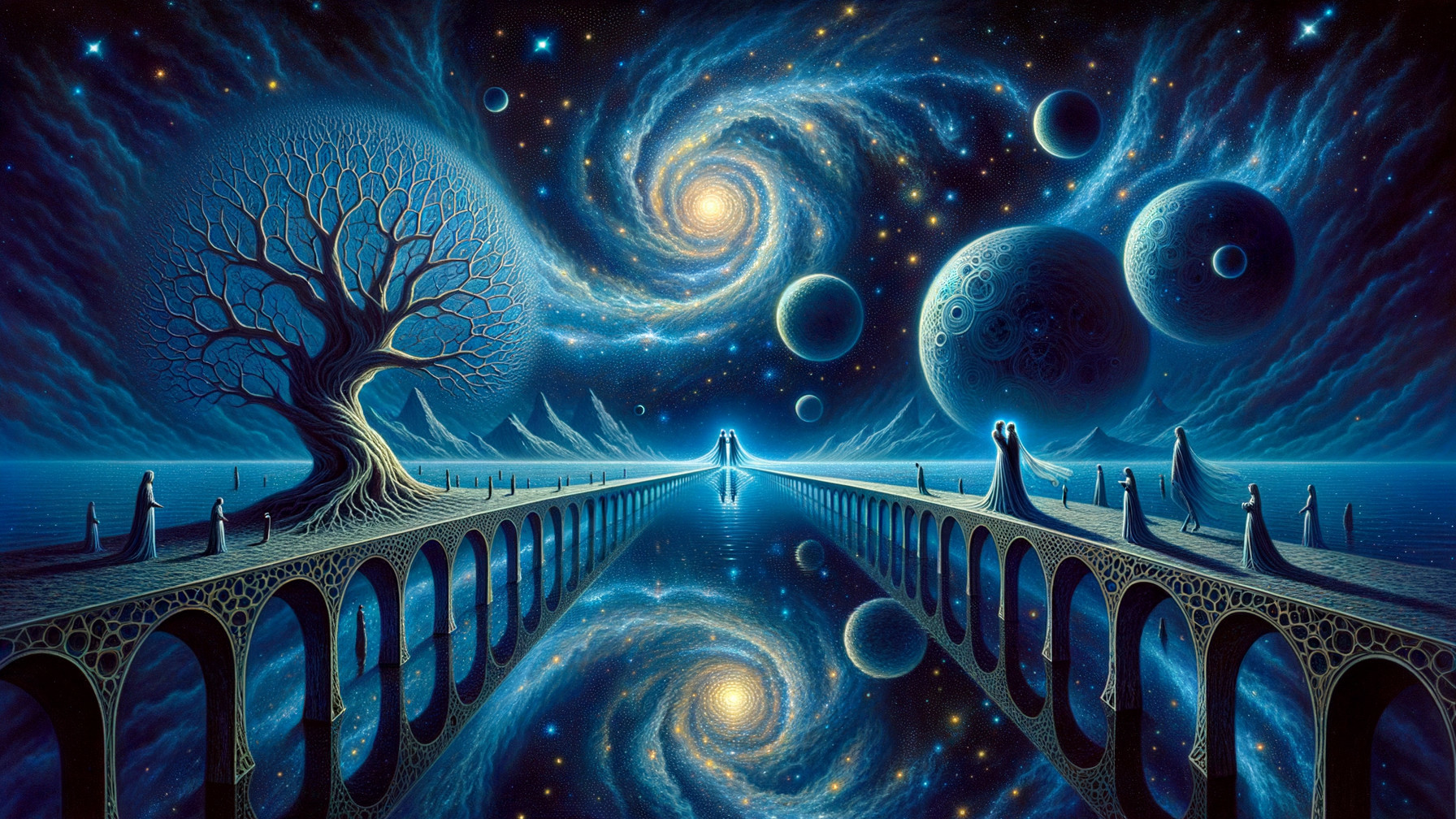 Surreal Cosmic Landscape with Intricate Tree and Galaxy