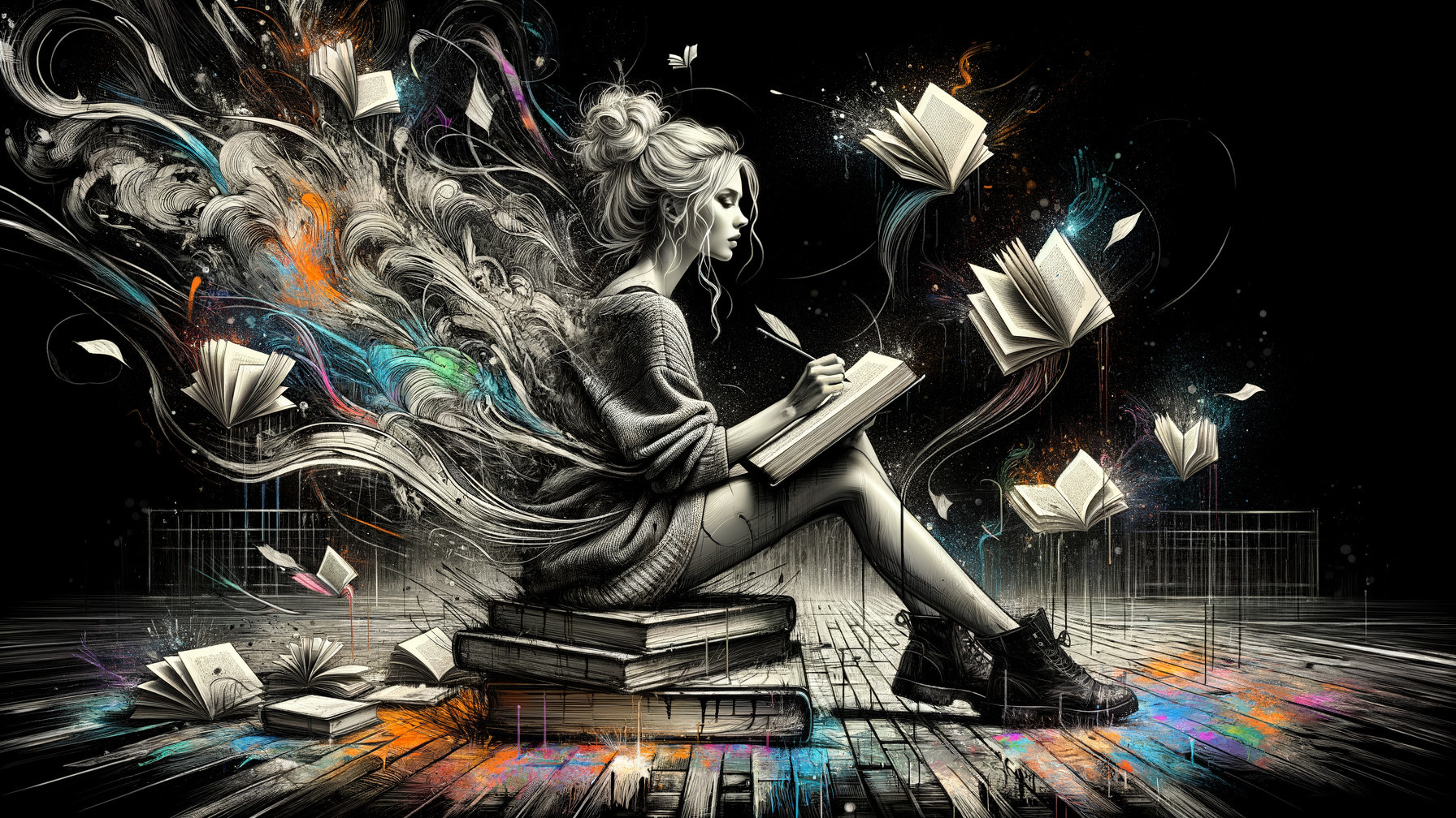 Young woman writing among colorful open books