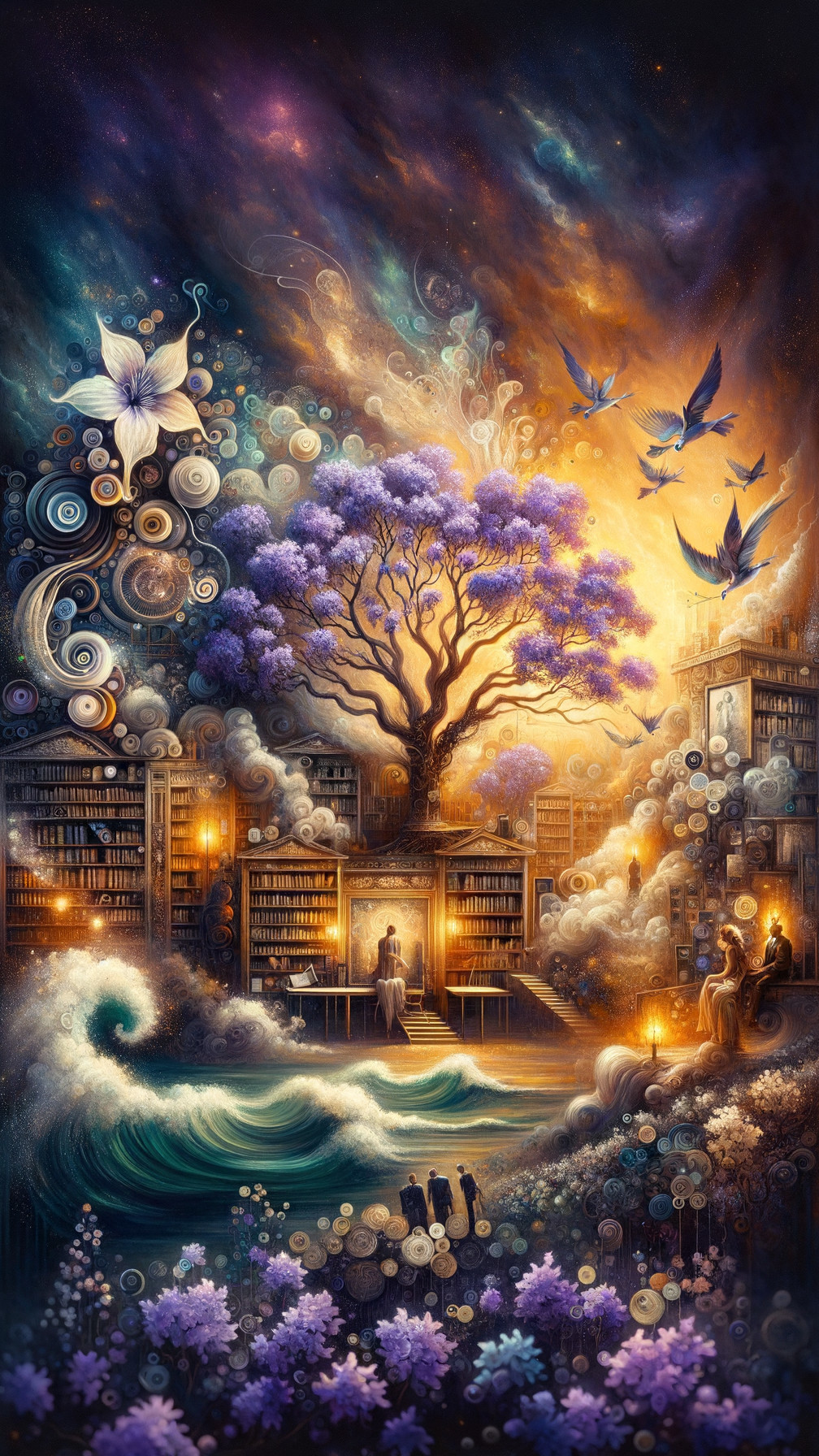 Serene Library Merging with Dreamlike Landscape