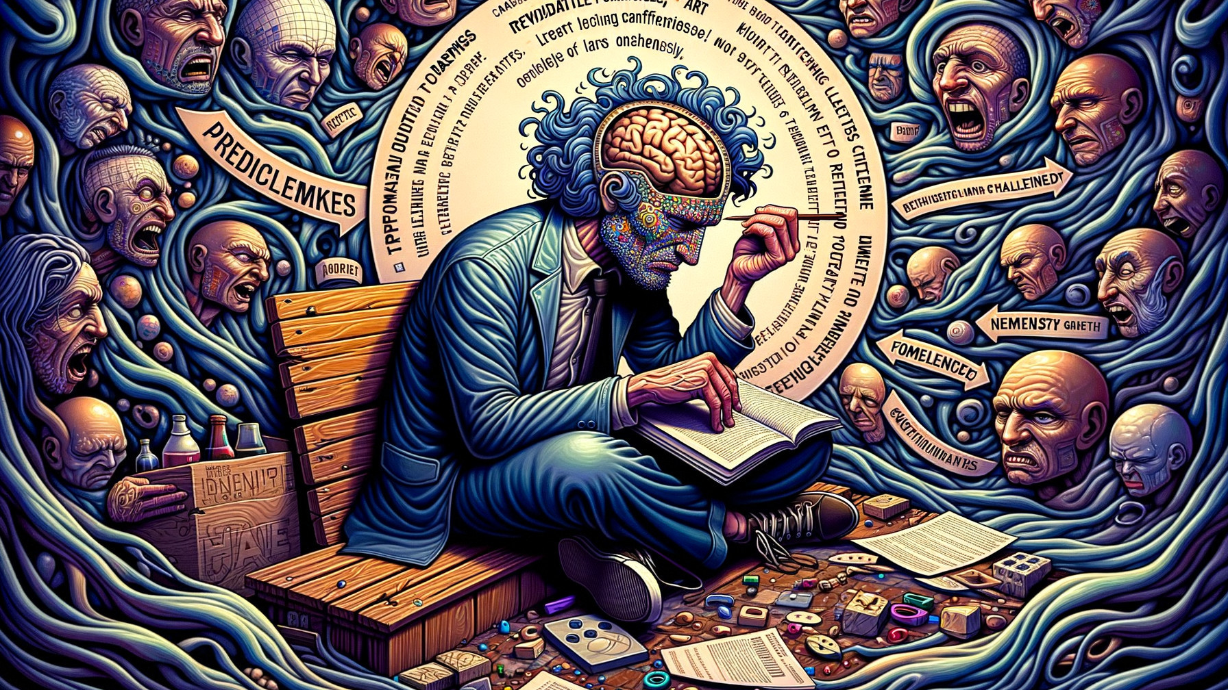 Person Reading on Bench Surrounded by Surreal Faces