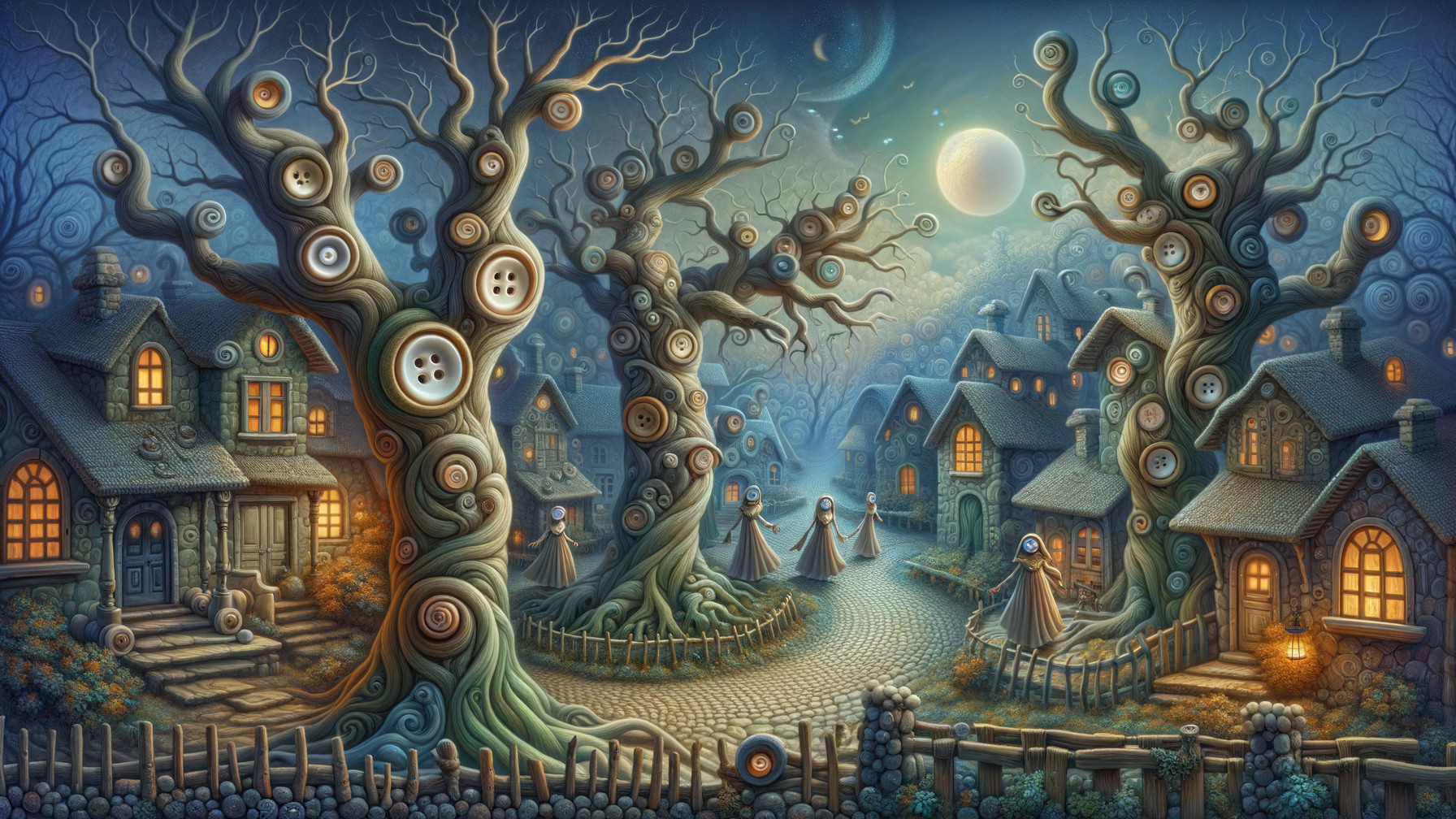 Whimsical Nighttime Scene of Enchanted Village