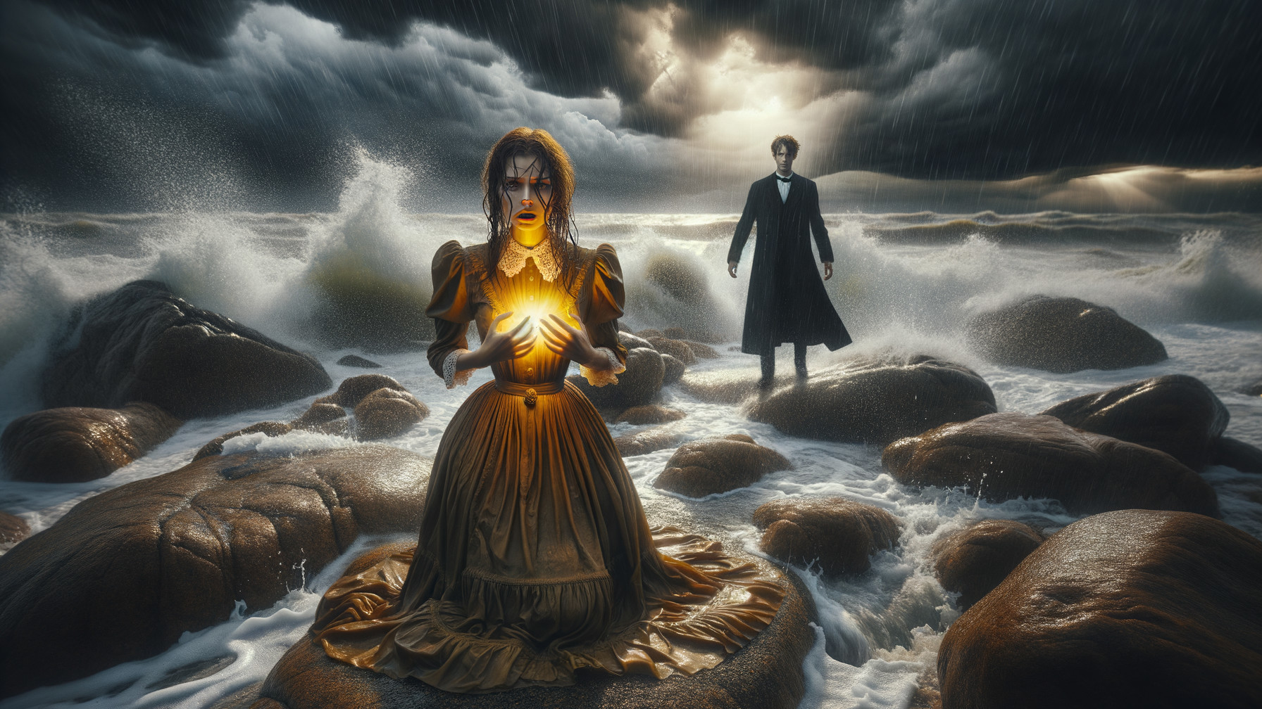 Dramatic Seascape with Woman and Shadowy Figure