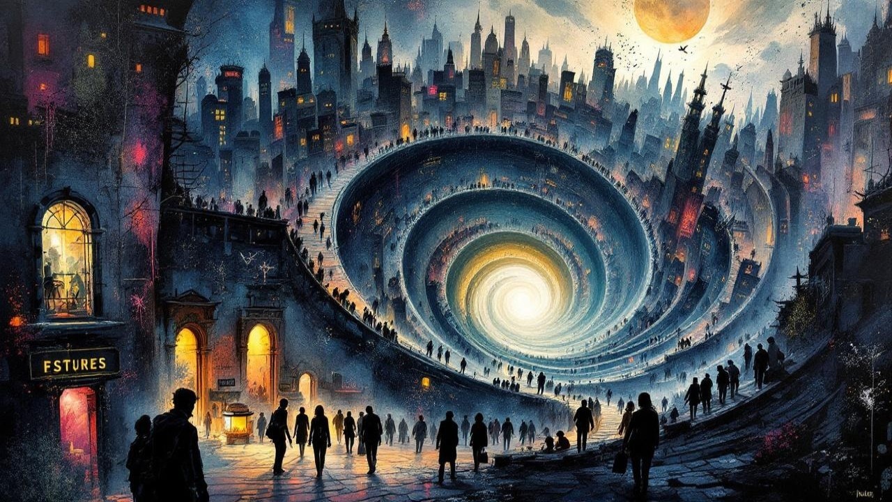 Surreal cityscape with luminous vortex and silhouettes