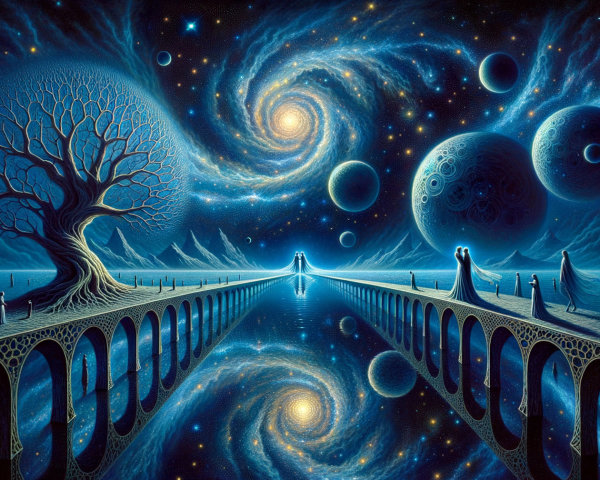 Surreal Cosmic Landscape with Intricate Tree and Galaxy